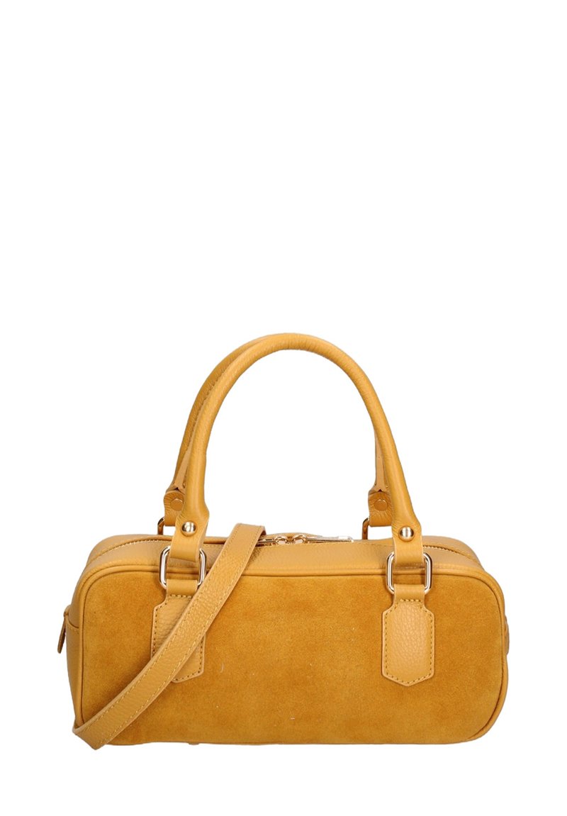 Borsa a mano in suede giallo con forma rettangolare, due manici superiori, una tracolla regolabile e dettagli in pelle. Chiusura con cerniera.