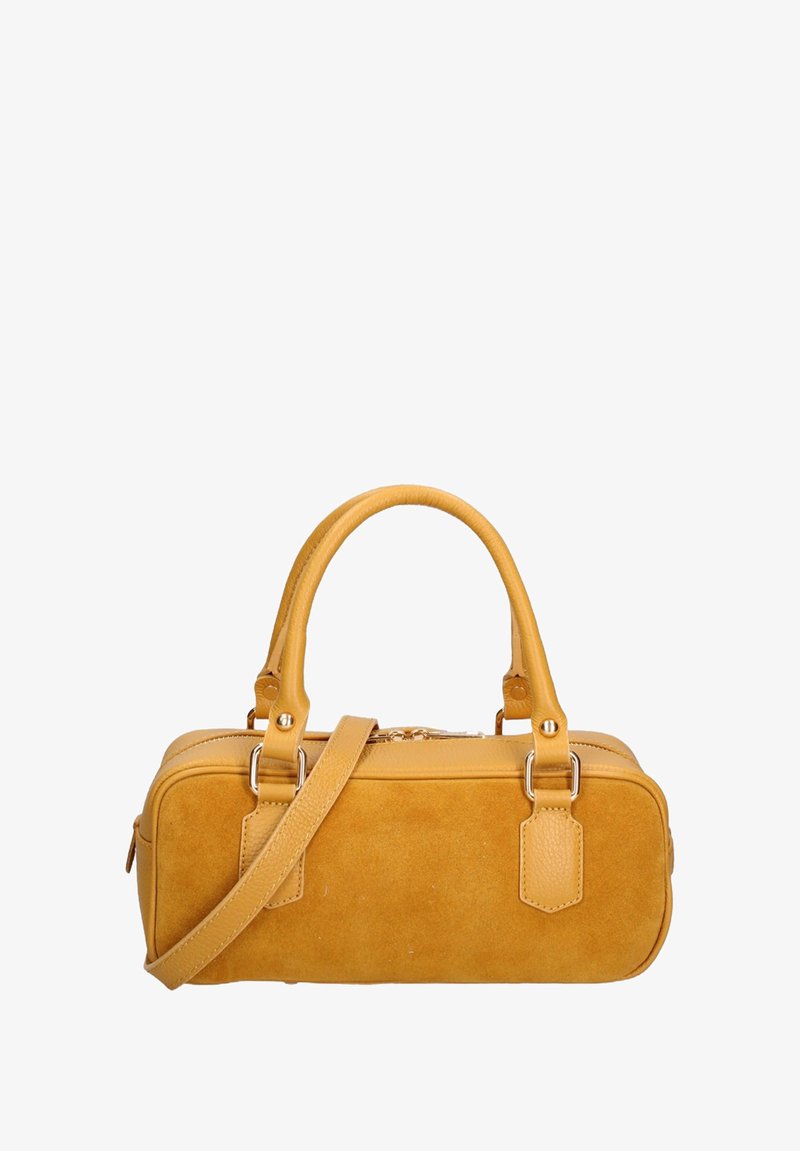 Borsa a mano in suede giallo con forma rettangolare, due manici superiori, una tracolla regolabile e dettagli in pelle. Chiusura con cerniera.