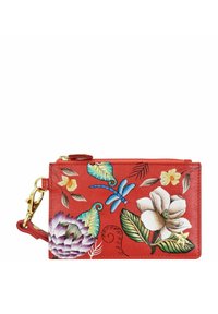 Rode leren portemonnee met bloemmotief, voorzien van gouden sluiting, ritssluiting en een gestructureerde afwerking. Multikleurig botanisch ontwerp.