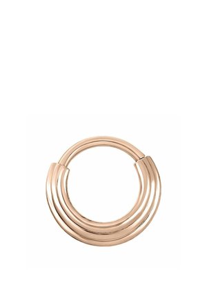 Rose gold circular hoop earring with a triple ridged design and a smooth, shiny finish.