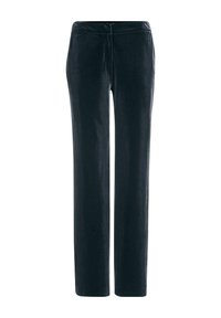 Schwarze gerade geschnittene Hose mit flachem Vorderteil und maßgeschneiderter Taille, vor einem weißen Hintergrund gezeigt.