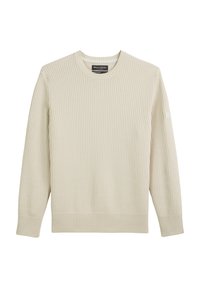 Hellbeige gerippter Strickpullover mit Rundhalsausschnitt und langen Ärmeln, ausgestattet mit einem gestickten Logo-Detail am Ärmel.