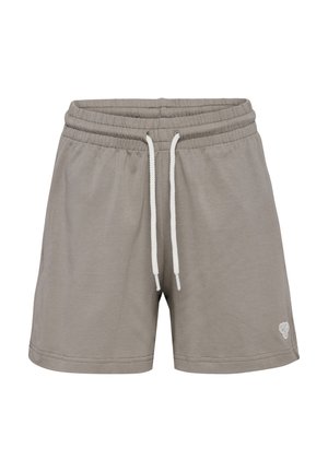Lichtgrijze casual shorts met elastische tailleband en wit trekkoord, met klein geborduurd logo aan de onderkant van het linkerbeen.