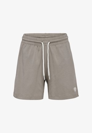 Lichtgrijze casual shorts met elastische tailleband en wit trekkoord, met klein geborduurd logo aan de onderkant van het linkerbeen.
