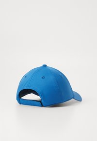 Blue baseball cap shown from the back with adjustable strap, six-panel design, and stitched ventilation eyelets on a white background.