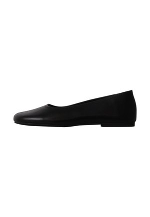 Black leather ballet flat with rounded toe and low heel, side view on plain white background.