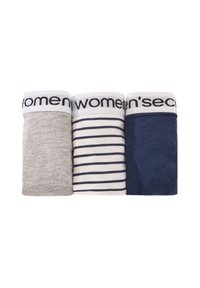 Trois paires de chaussettes pour femmes : une grise, une blanche avec des rayures navy, et une unie navy, toutes avec une bande blanche portant l'inscription "women'secret."