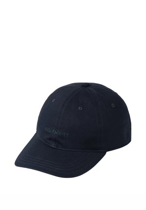 Czarna czapka baseballowa Carhartt z zakrzywionym daszkiem i haftowanym logo na środku przodu.