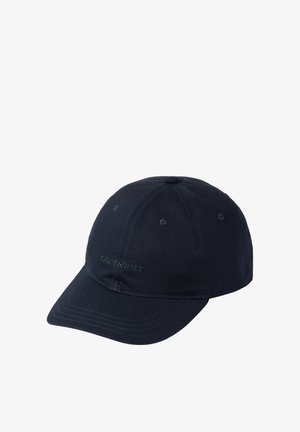 Czarna czapka baseballowa Carhartt z zakrzywionym daszkiem i haftowanym logo na środku przodu.