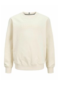 Krämsfärgad sweatshirt med ribbade muddar och nederkant, med upphöjd "ORIGINALS" och "JACK & JONES" branding på framsidan. Slät textur.