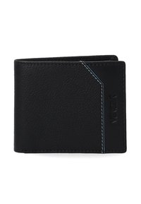 Zwarte leren portemonnee met een gestructureerde afwerking, voorzien van contrasterend blauwe stiksels en een slank, minimalistisch ontwerp.
