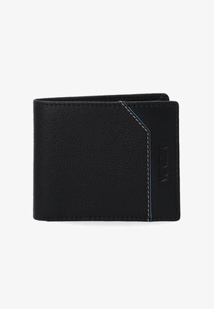 Černá kožená peněženka s texturovaným povrchem, zdobená kontrastním modrým prošíváním a elegantním, minimalistickým designem.