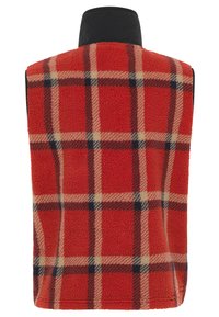 Rote Fleece-Weste mit schwarzem Kragen, versehen mit einem cremefarbenen und navy karierten Muster. Strukturierten Oberfläche; ärmelloses Design.