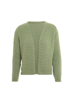 Groene gebreide cardigan met een textuurpatroon, open voorkant, lange mouwen en geribde boorden en onderrand. Zacht, lichtgewicht materiaal.