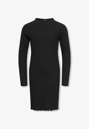 Sort ribbet langærmet kjole med tætsiddende design. Har en høj halsudskæring og rå kanter ved ærmerne og bunden, hvilket skaber en struktureret finish.