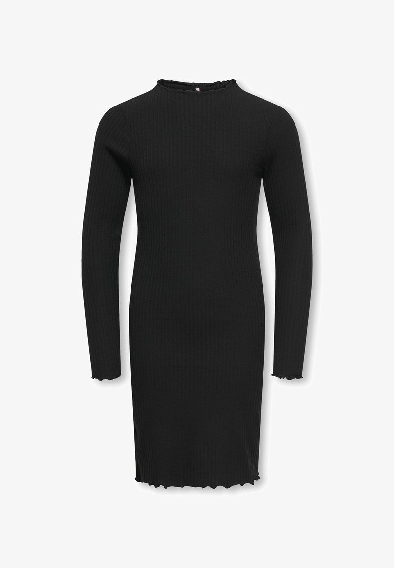 Sort ribstrikket kjole med lange ærmer, høj halsudskæring og en bølget kant. Tætsiddende pasform med en struktureret tekstur i hele stoffet.