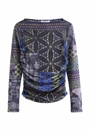 Long-sleeve fitted top with mixed geometric and floral patchwork patterns in shades of blue, purple, black, and beige.