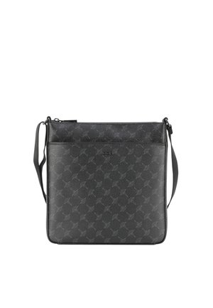 Sac bandoulière noir avec motif texturé subtil, bandoulière fine réglable et fermeture éclair le long du bord supérieur.