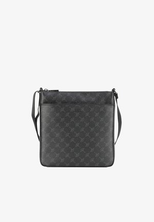 Sac bandoulière noir avec motif texturé subtil, bandoulière fine réglable et fermeture éclair le long du bord supérieur.