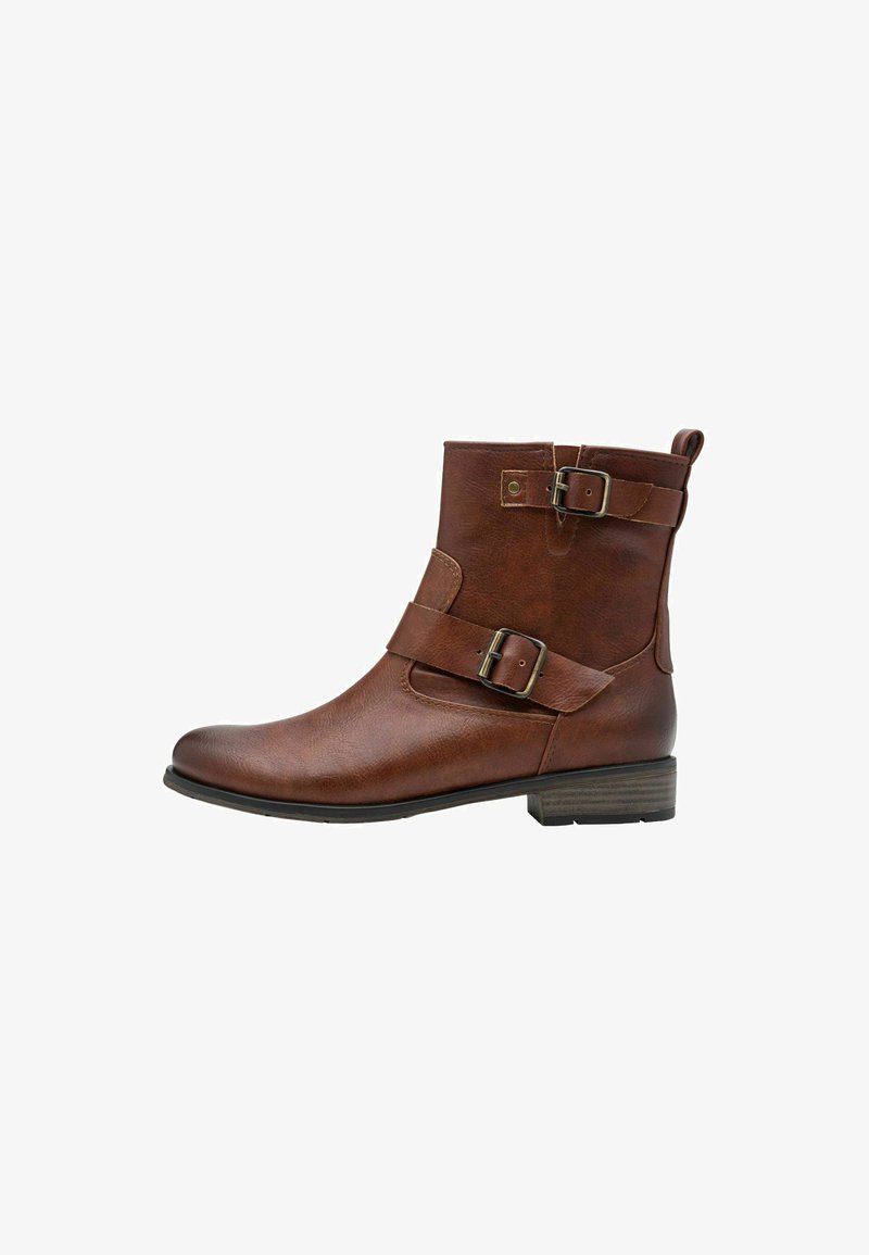 Botte cheville en cuir marron avec deux sangles décoratives et boucles en métal. Bout arrondi et petit talon en bloc. Fini texturé.