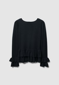 Top nero a maniche lunghe con scollatura rotonda, caratterizzato da un orlo e polsini arricciati. Realizzato in tessuto morbido con una trama liscia.