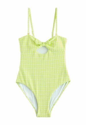 Light green and white checkered one-piece swimsuit with thin straps, front bow, and small cutout below the bust.