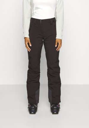 Black ski pants made of durable material, featuring a straight fit, pockets on the sides, and gray accents near the ankles.