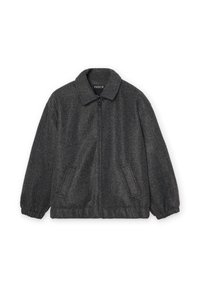 Chaqueta de mezcla de lana gris con un cuello con solapa, cierre de cremallera en el frente, puños elásticos y dos bolsillos laterales. Diseño casual y de corte relajado.