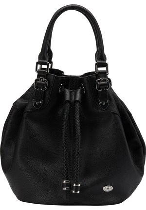 Sac seau en cuir noir avec fermeture à cordon tressé, double poignées avec boucles en métal, et petite plaque de marque argentée sur le devant.