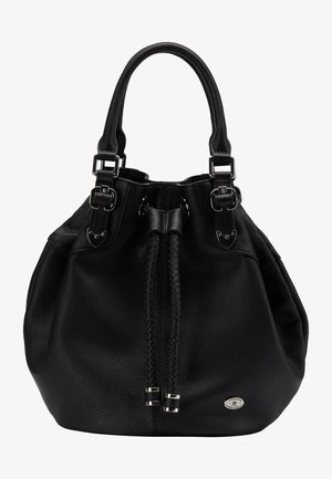 Sac seau en cuir noir avec fermeture à cordon tressé, double poignées avec boucles en métal, et petite plaque de marque argentée sur le devant.