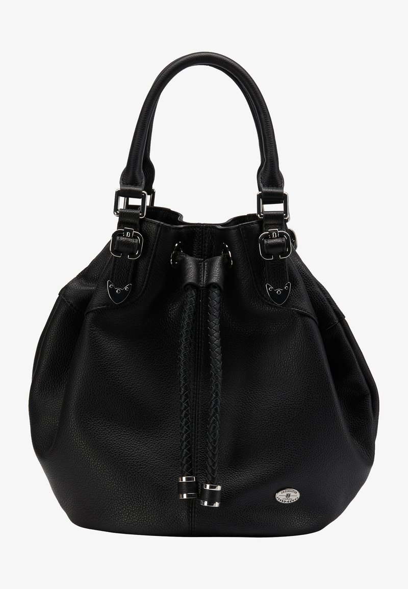 Sac seau en cuir noir avec fermeture à cordon tressé, double poignées avec boucles en métal, et petite plaque de marque argentée sur le devant.