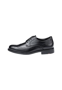 Scarpa da cerimonia in pelle nera con dettagli brogue, punta arrotondata, chiusura con lacci e tacco basso con suola testurizzata.