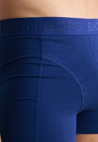 Plave bokserice s debelim pojasom na kojem se nalazi logo "BJÖRN BORG" u odgovarajućoj plavoj boji. Glatka tkanina s vidljivim detaljima šivanja.