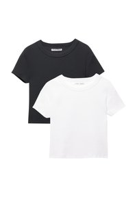 Twee T-shirts met korte mouwen opgestapeld; de ene is zwart, de andere is wit. Beide hebben een ronde halslijn en een zachte, effen textuur.