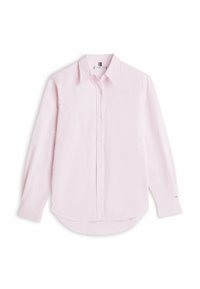 Light pink shirt with vertical white stripes, long sleeves, button-down collar, and embroidered floral patterns throughout.