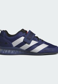 Blå træningssko med overdel af tekstureret stof, hvide diagonale striber, sorte snørebånd og en velcrolukning for en sikker pasform.