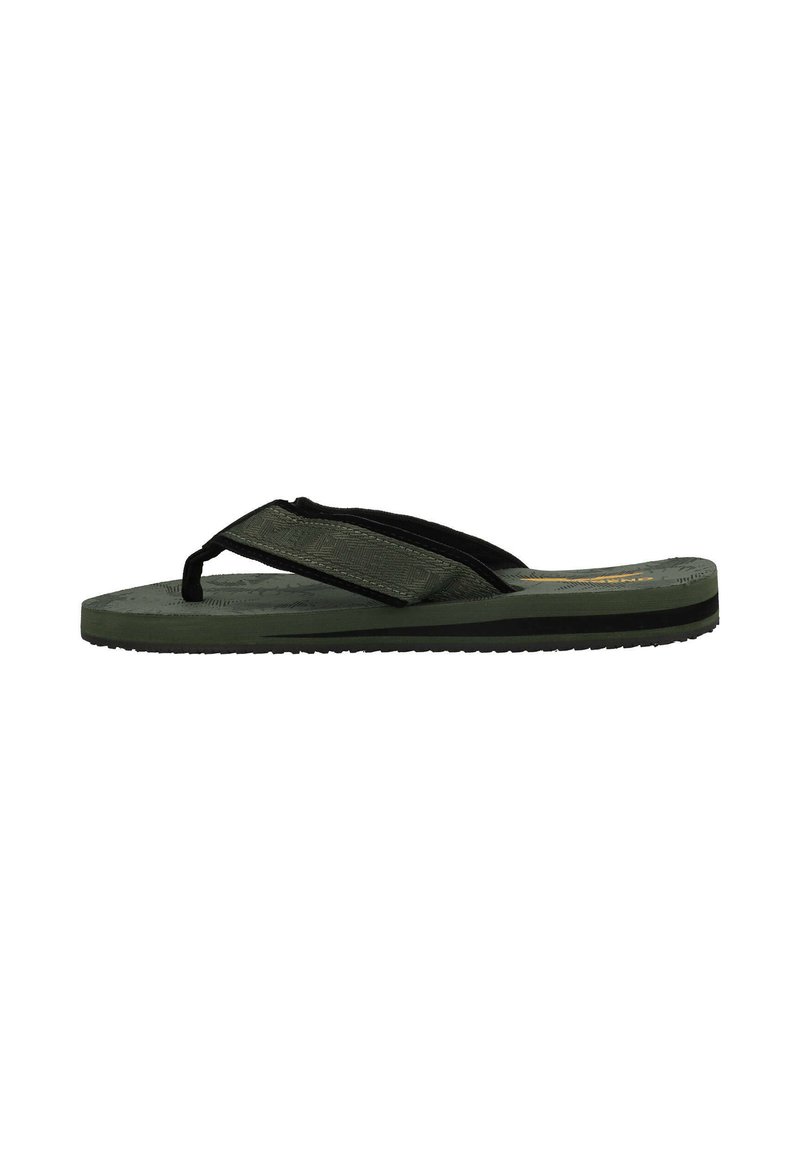 Groene flip-flop sandaal met een getextureerde voetbed, zwarte banden en een patroonaccent. Lichtgewicht ontwerp met een vlakke zool voor comfort.