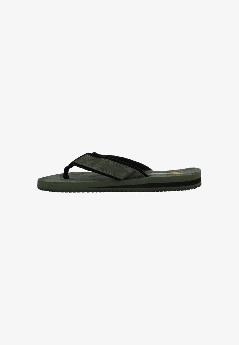 Groene flip-flop sandaal met een getextureerde voetbed, zwarte banden en een patroonaccent. Lichtgewicht ontwerp met een vlakke zool voor comfort.