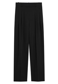 Czarne spodnie o szerokich nogawkach, wykonane z gładkiego materiału; posiadają dopasowaną talię, zaszewki z przodu oraz luźny krój. Brak widocznych metalowych elementów i wzorów.