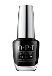 Bouteille de vernis à ongles OPI Infinite Shine 2, avec un élégant conteneur en verre noir et un capuchon cylindrique argenté. Fond transparent pour une bonne visibilité.