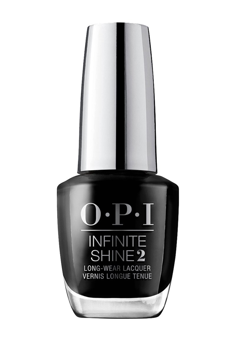 Bouteille de vernis à ongles OPI Infinite Shine 2, avec un élégant conteneur en verre noir et un capuchon cylindrique argenté. Fond transparent pour une bonne visibilité.