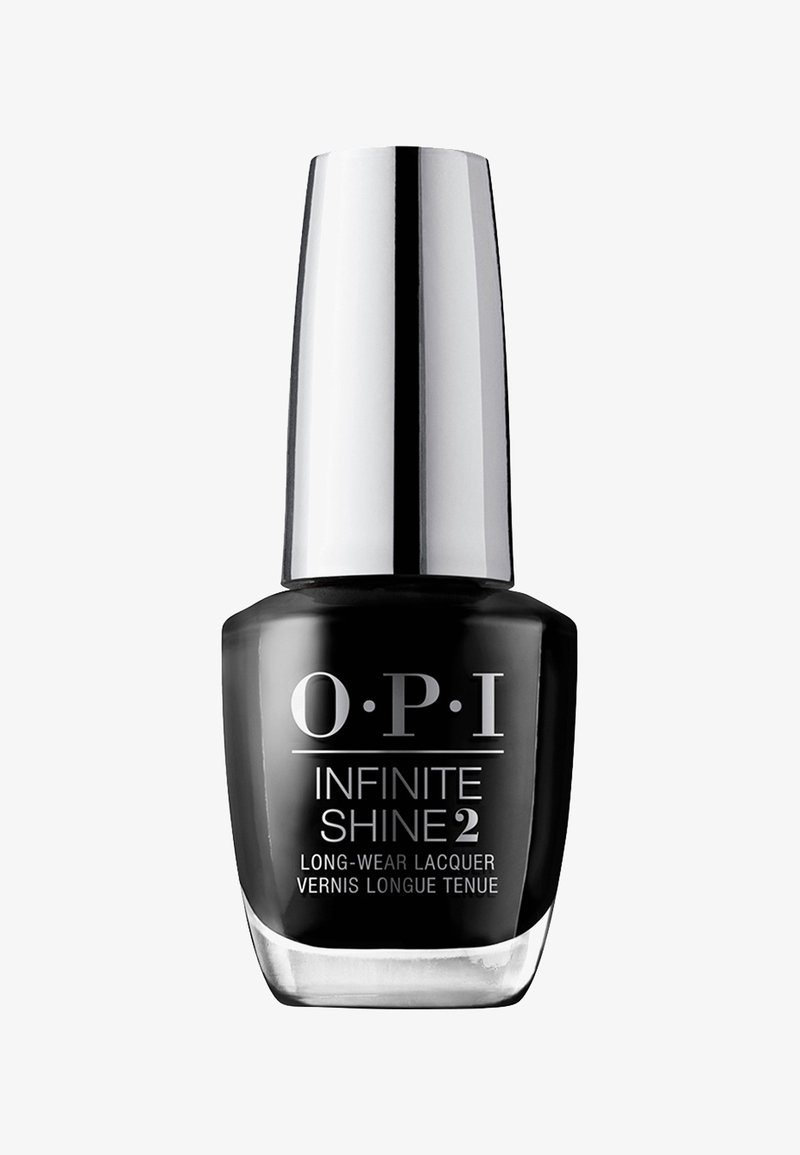 Bouteille de vernis à ongles OPI Infinite Shine 2, avec un élégant conteneur en verre noir et un capuchon cylindrique argenté. Fond transparent pour une bonne visibilité.