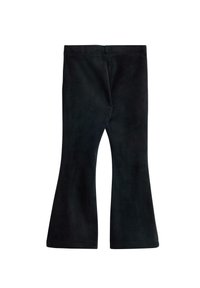 Pantalons évasés noirs fabriqués en tissu doux et extensible. Caractérisés par une large taille et une texture lisse ; les évasements commencent au niveau des genoux.