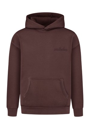Brauner Kapuzenpullover mit Kängurutasche vorne, dezentem Stickmotiv auf der linken Brust, gerippten Bündchen und Saum.