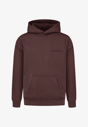 Brauner Kapuzenpullover mit Kängurutasche vorne, dezentem Stickmotiv auf der linken Brust, gerippten Bündchen und Saum.