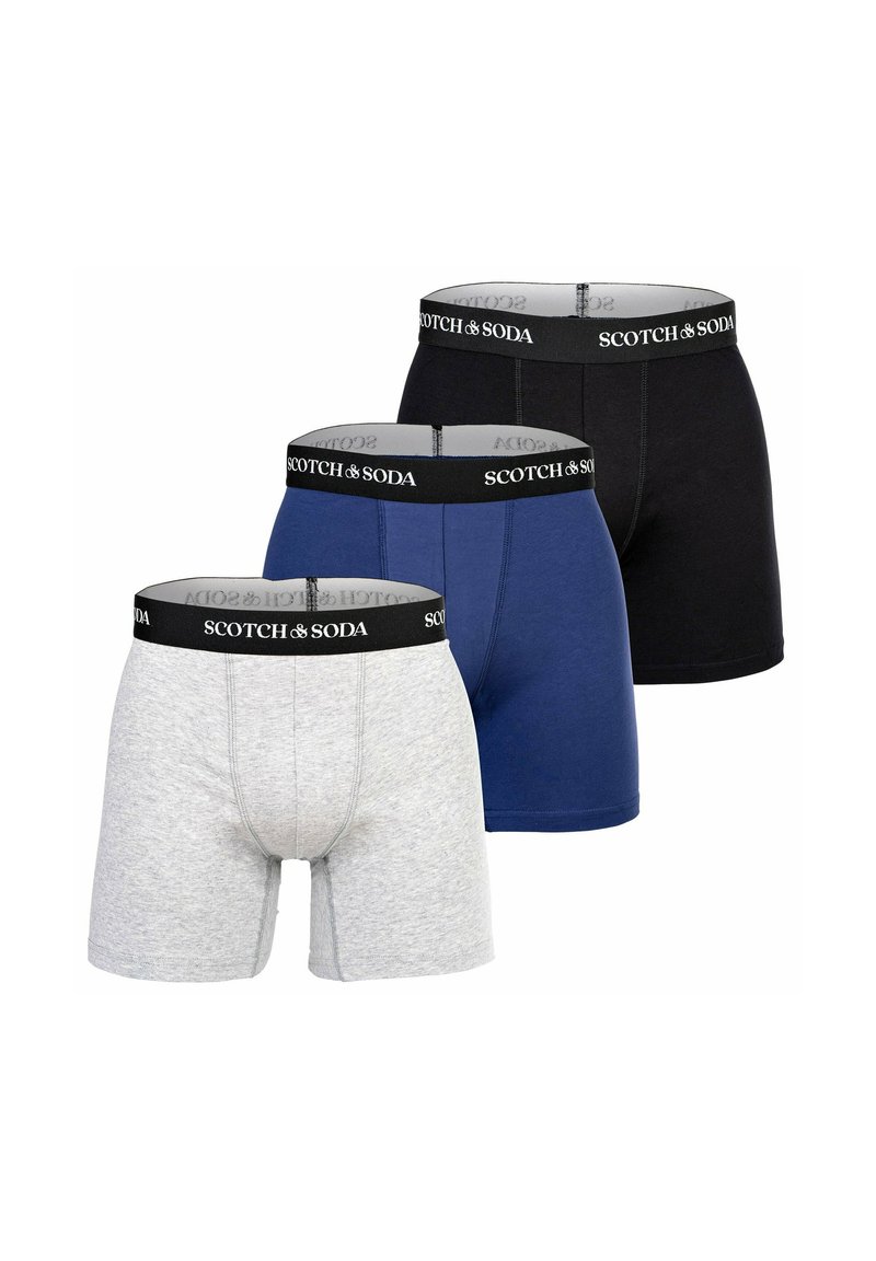 Herren-Boxershorts-Set in Grau, Blau und Schwarz. Hergestellt aus weicher Baumwolle mit einem schwarzen Bund, der den Markennamen "SCOTCH & SODA" trägt.