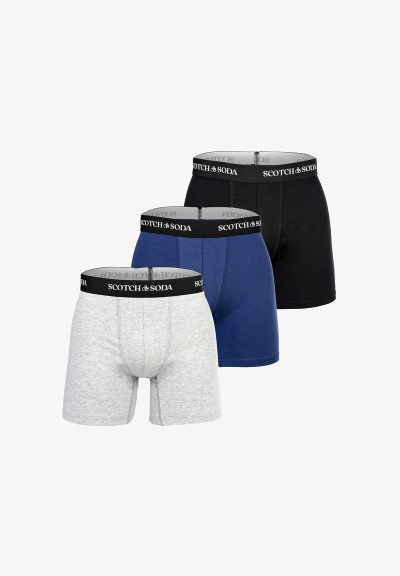 Herren-Boxershorts-Set in Grau, Blau und Schwarz. Hergestellt aus weicher Baumwolle mit einem schwarzen Bund, der den Markennamen "SCOTCH & SODA" trägt.