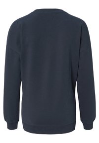 Mörkblå sweatshirt, långa ärmar, ribbad mudd och halsringning, mjuk textur, oversized passform, enkel design, minimal detaljering.