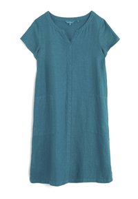Vestido de lino azul verdoso con mangas cortas, escote en V y dos bolsillos frontales. Textura suave, diseño a la altura de la rodilla y corte relajado.