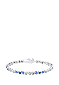 Armband i silverfärg med blå och gröna runda kristaller, designad i kopplade länkar med ett säkert lås, som visar olika nyanser och storlekar.